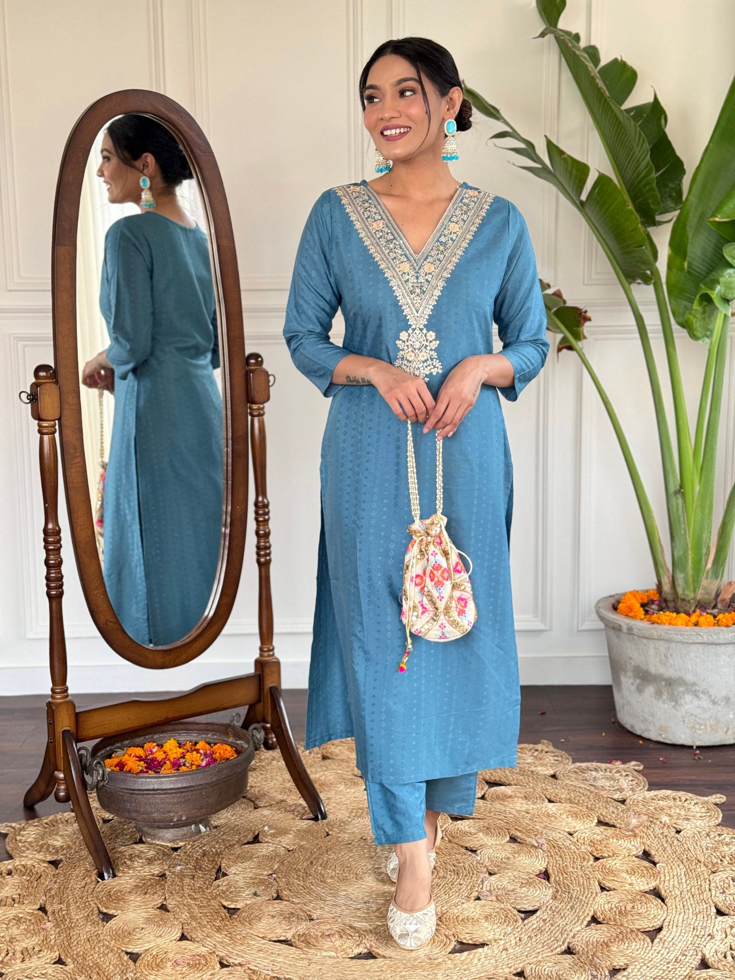 Festive Firozi Viscose Rayon Embroidered Kurti Pant Set with Teby Dupatta