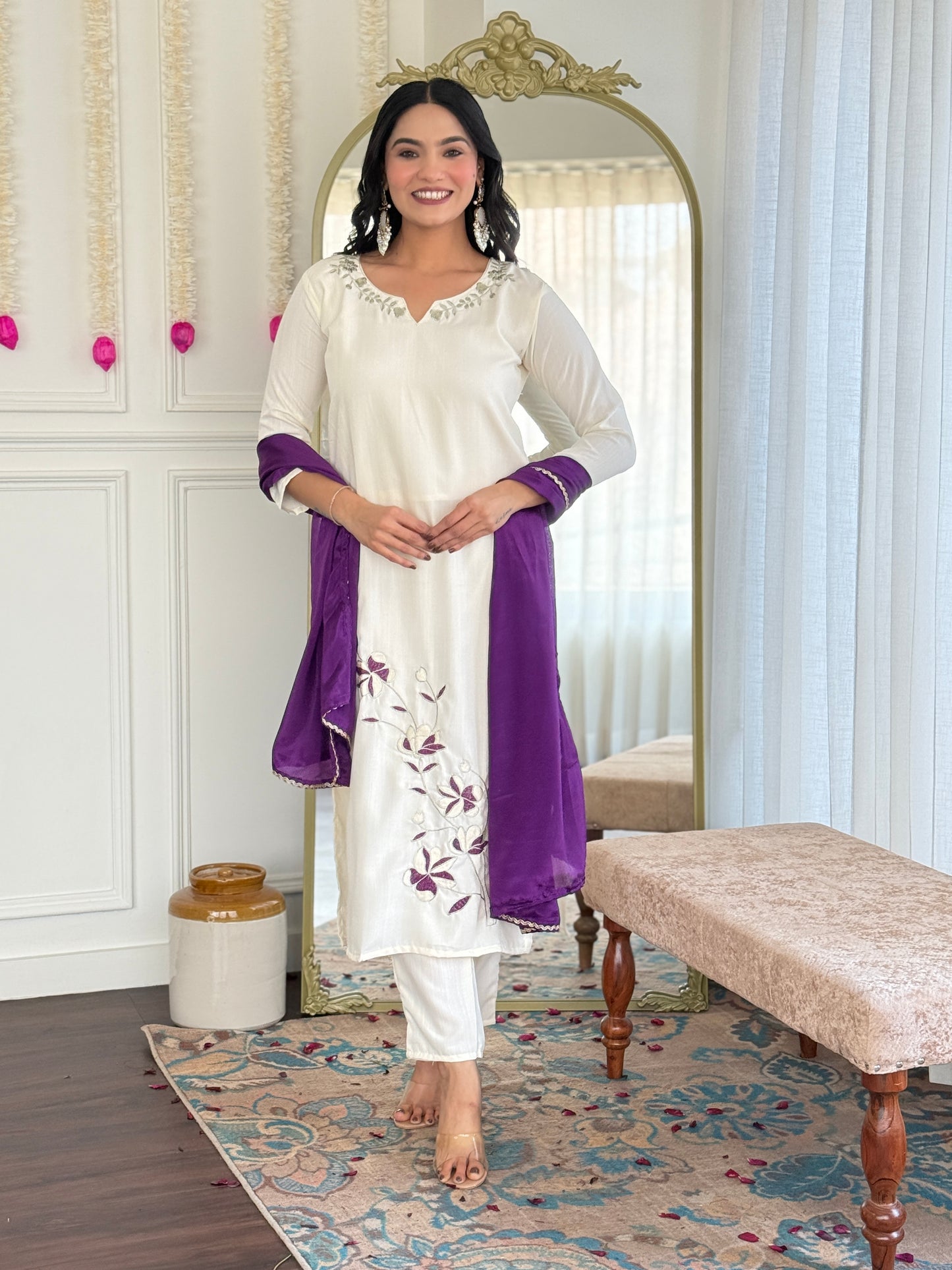 New Designer Embroidered Viscose Rayon Suit Set with Flowing Chinon Dupatta – 3-Piece Ethnic Outfit