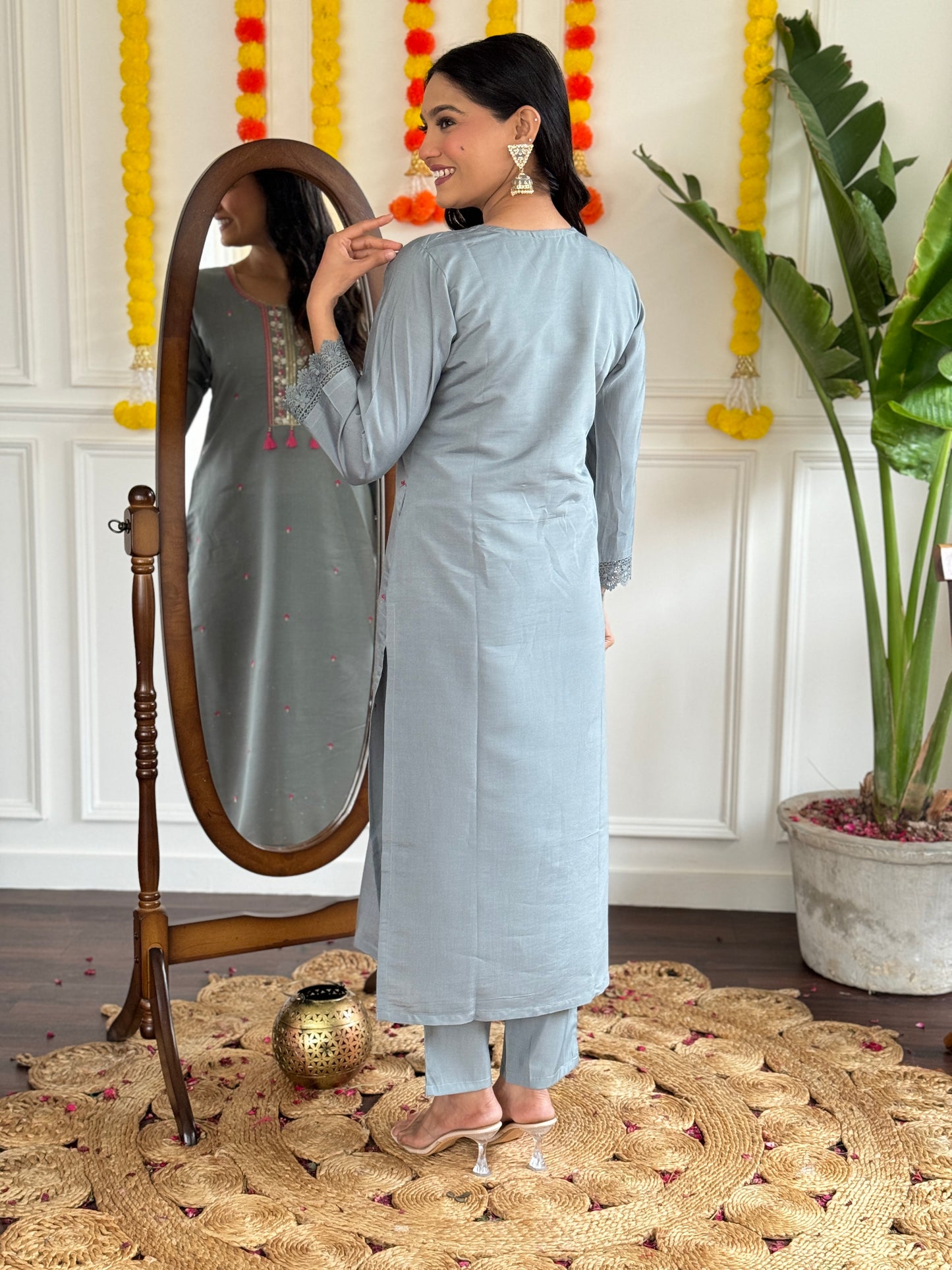 Festive Ready Embroidered Chanderi Suit with Lightweight Linen Dupatta
