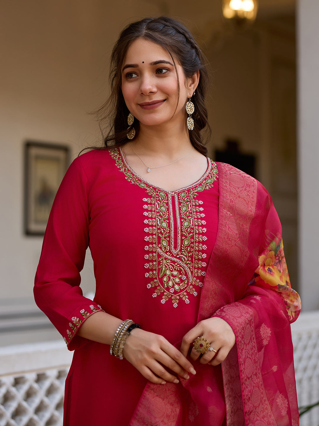 Stylish Embroidered Chanderi Ensemble with Flowy Organza Dupatta
