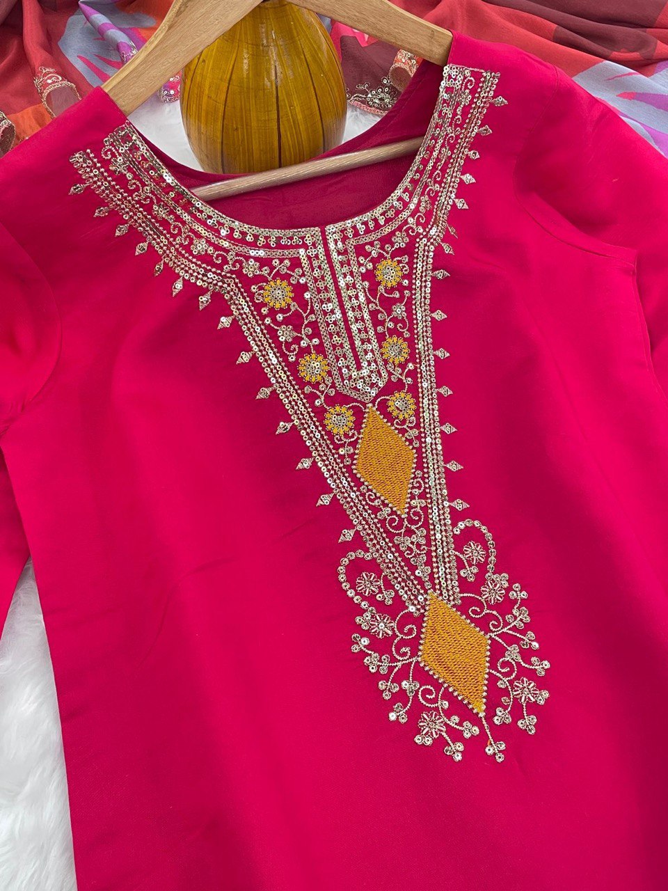 Premium Heavy Roman Fabric Embroidered Suit Set with Chinon Digital Print Dupatta – Ready to Wear