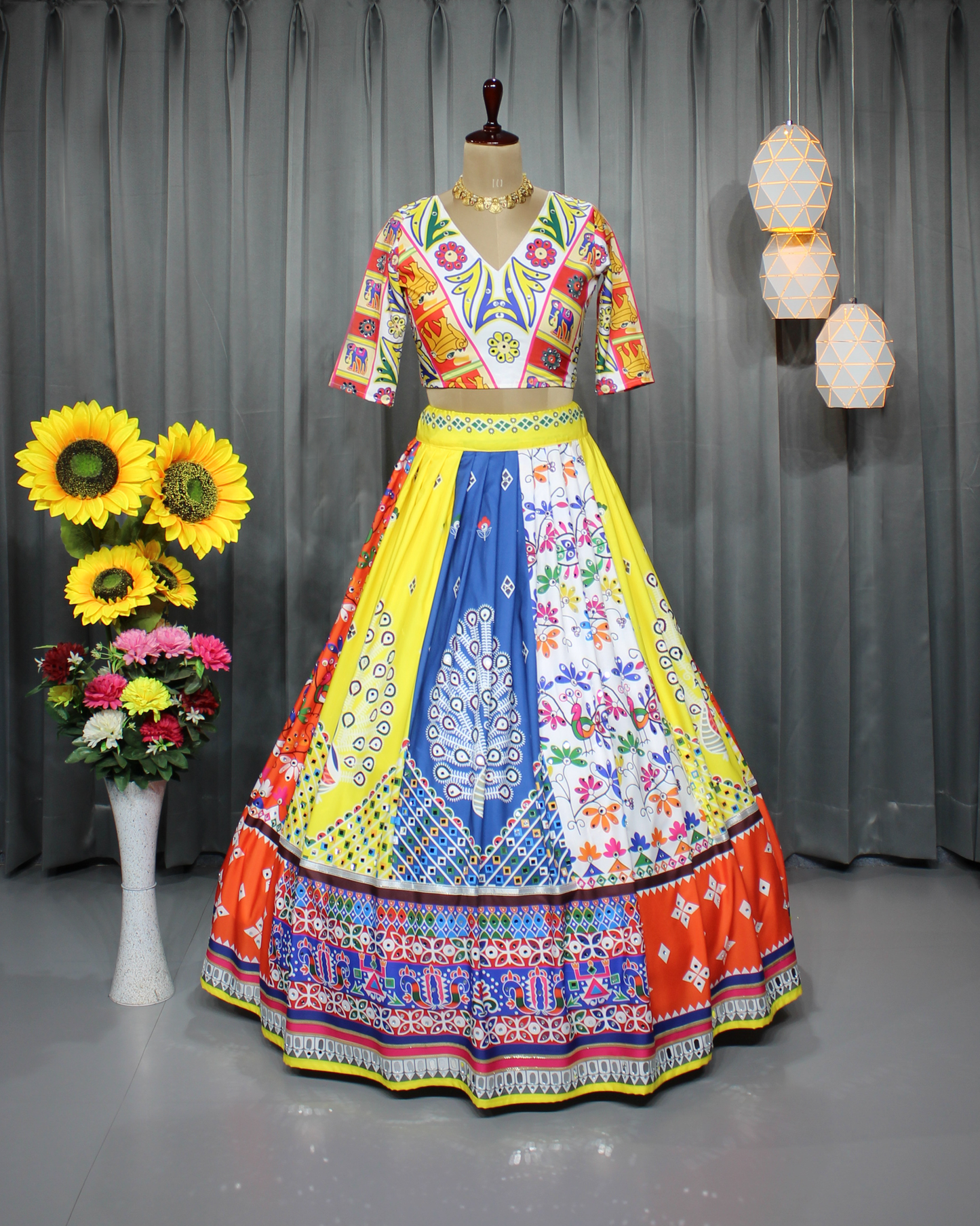 Women’s Butter Silk Lehenga Choli Set – Real Mirror Work & Digital Print | Stitched | Navratri Special