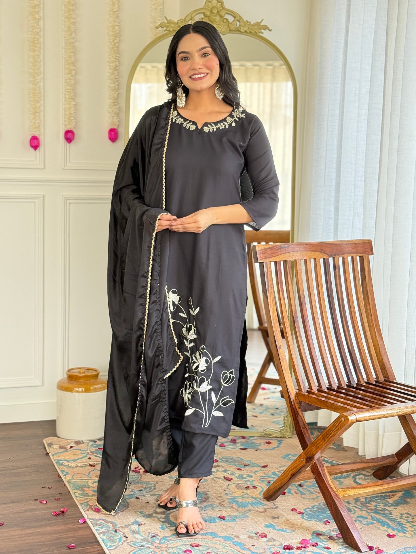 New Designer Embroidered Viscose Rayon Suit Set with Flowing Chinon Dupatta – 3-Piece Ethnic Outfit