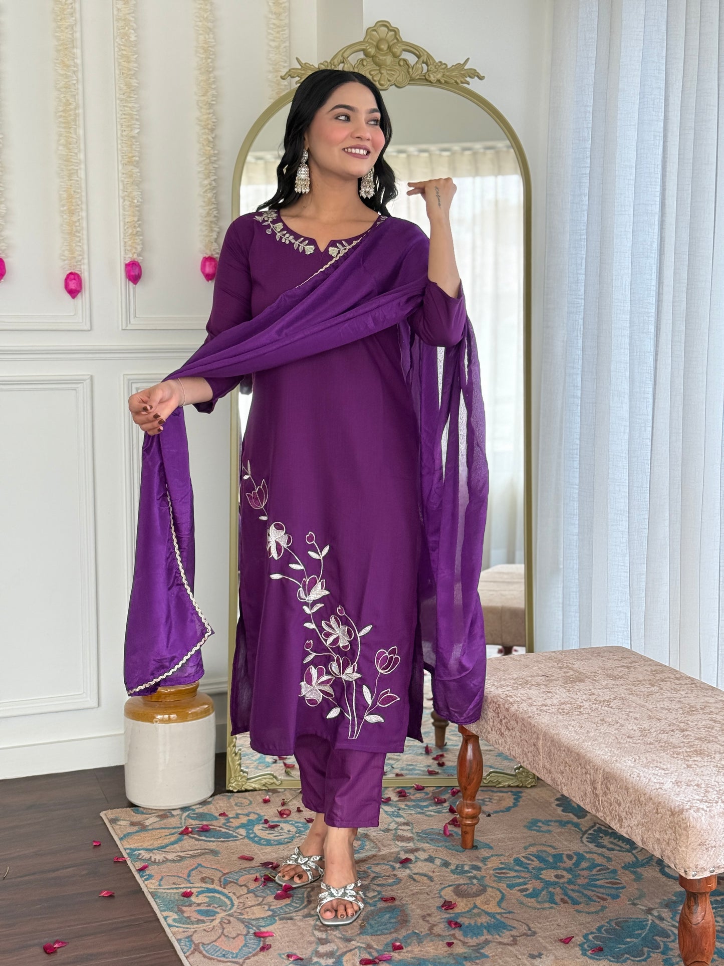 New Designer Embroidered Viscose Rayon Suit Set with Flowing Chinon Dupatta – 3-Piece Ethnic Outfit