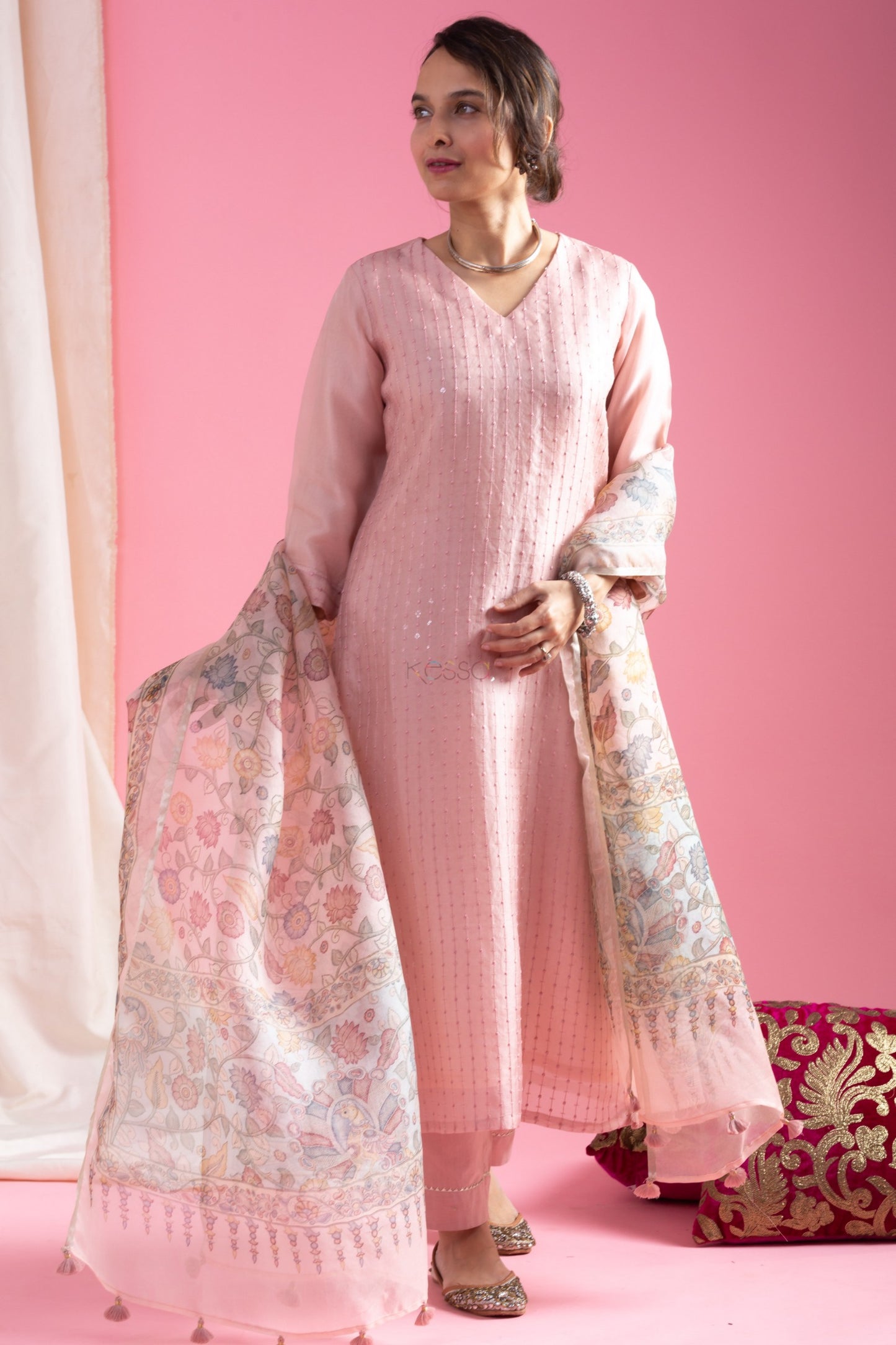 New Style Embroidered Viscose Chanderi Suit Set with Tabby Organza Dupatta