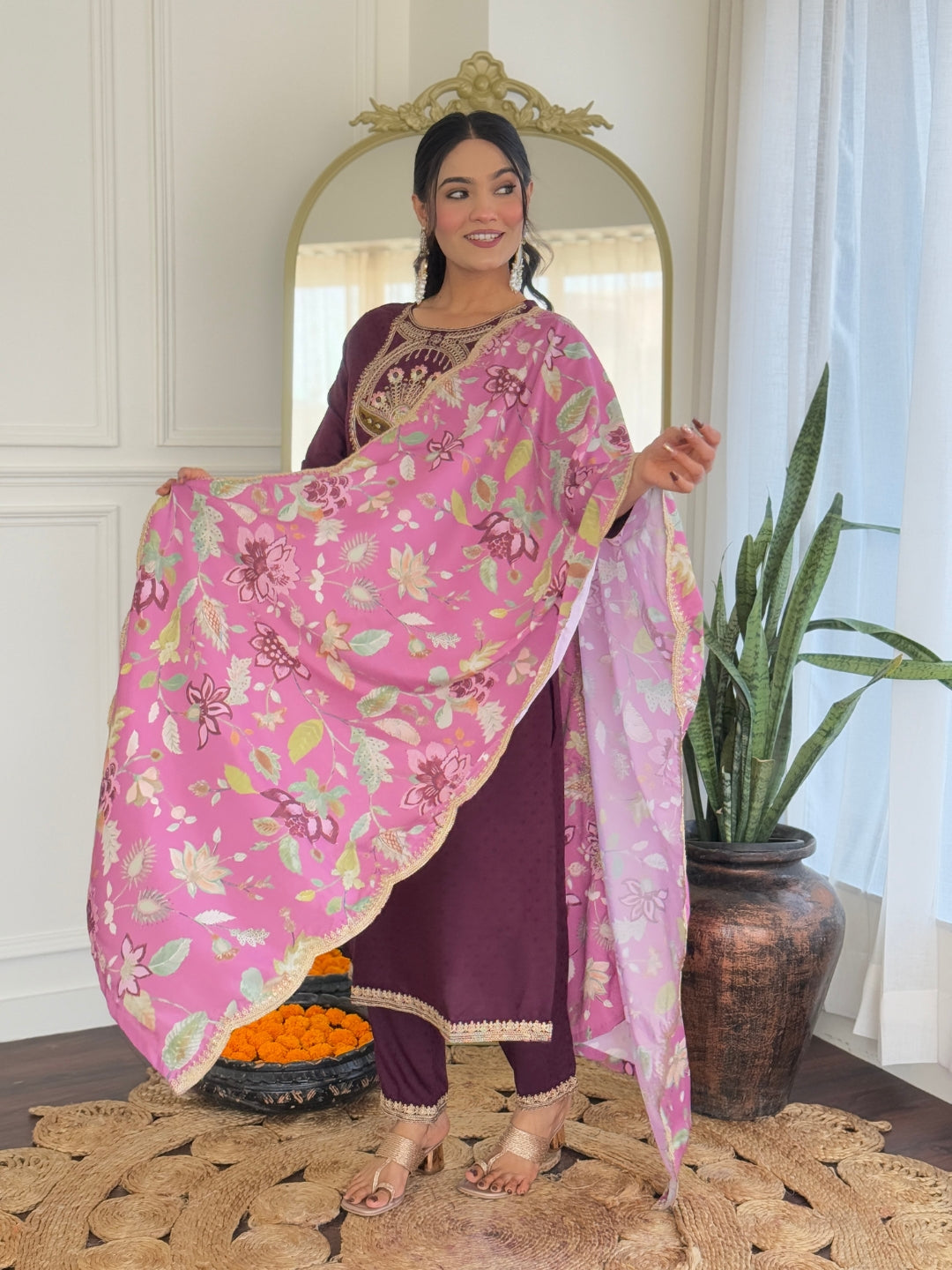 Everyday Ethnic Wear: Embroidered Rayon Suit Set with Elegant Crepe Dupatta