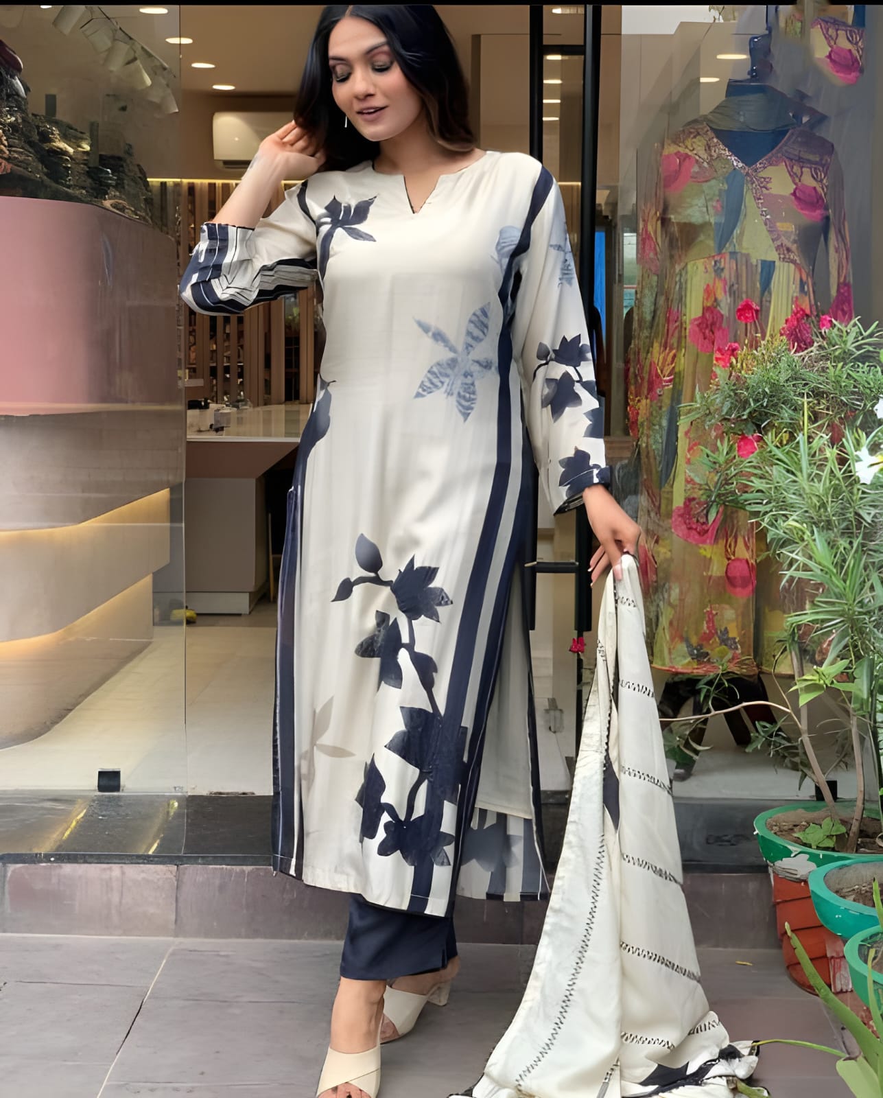 Elegant Ensemble Embroidered Muslin Suit Set with Pure Teby Organza Dupatta – 3-Piece