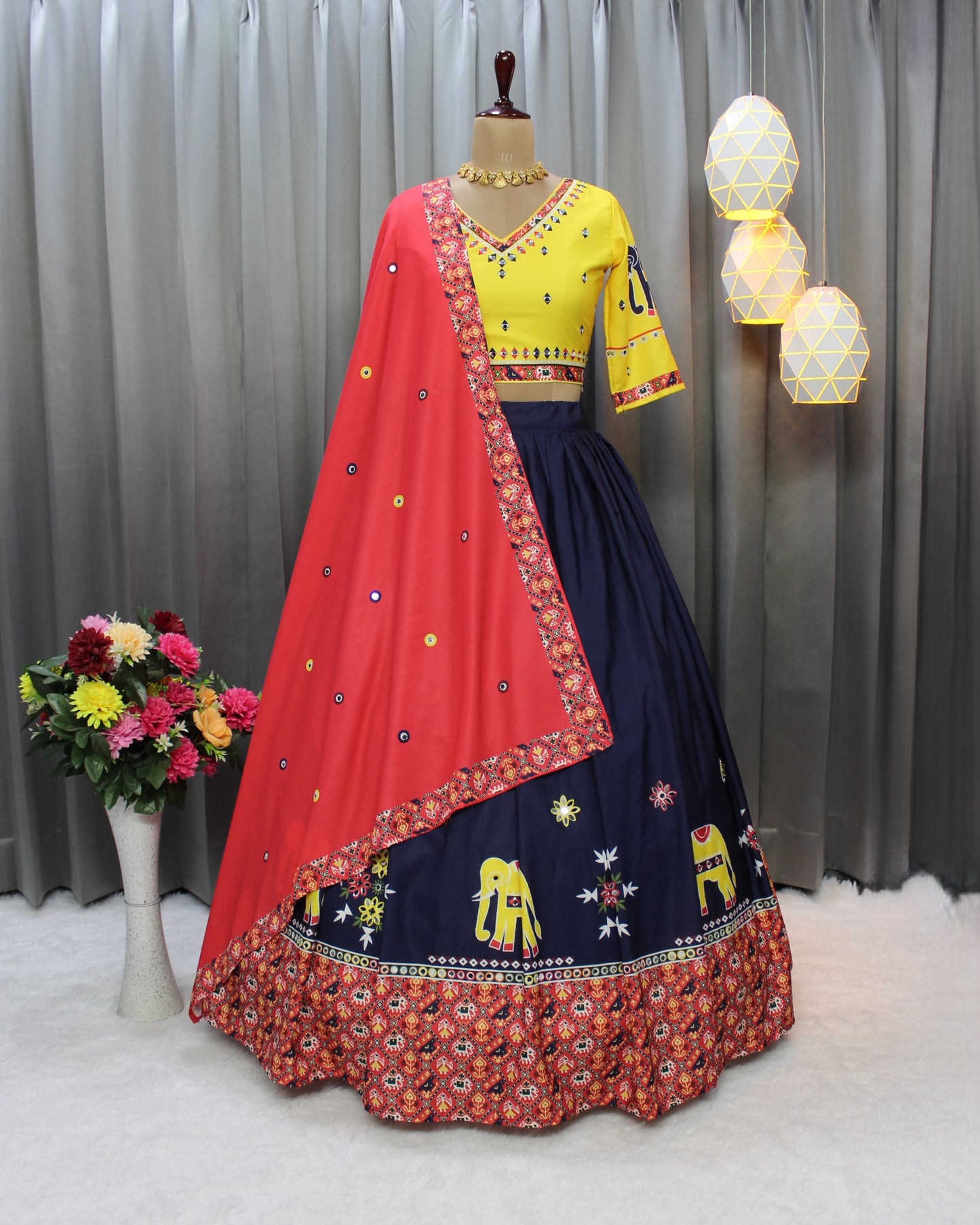 Ready-to-Wear Butter Silk Lehenga – Navratri Special with Real Mirror & Print