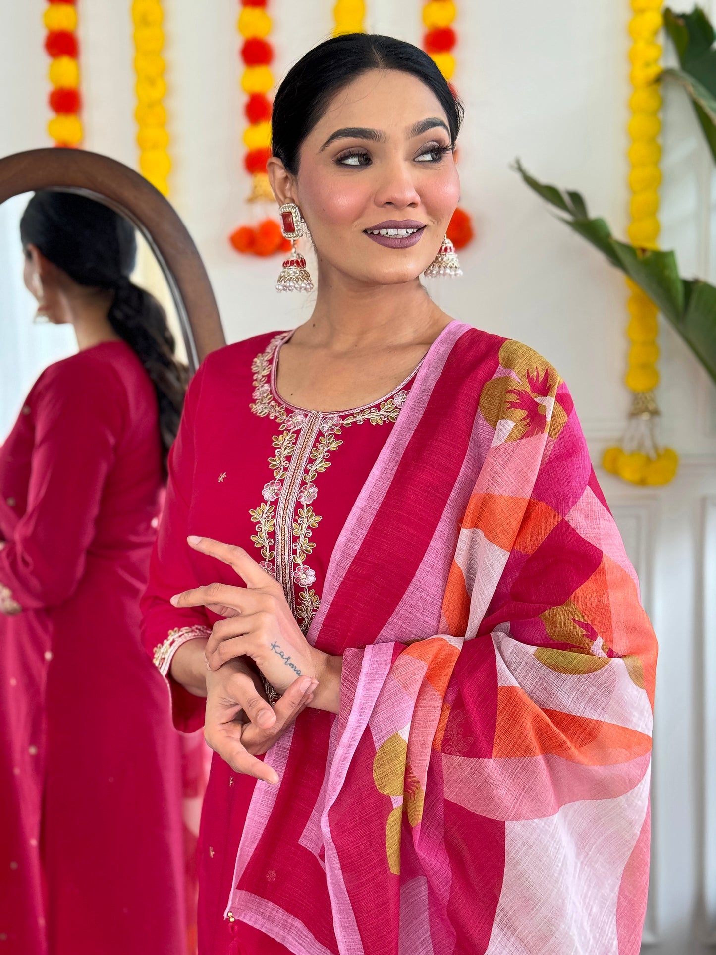 Premium Chanderi Embroidered Suit Set with Pure Linen Dupatta – New Arrival
