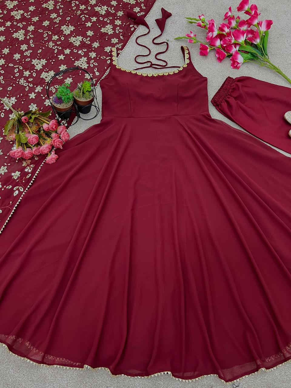 Party Wear Fully Stitched Outfit for Designer Heavy Faux Georgette Gown Set with Embroidered Dupatta & Bottom