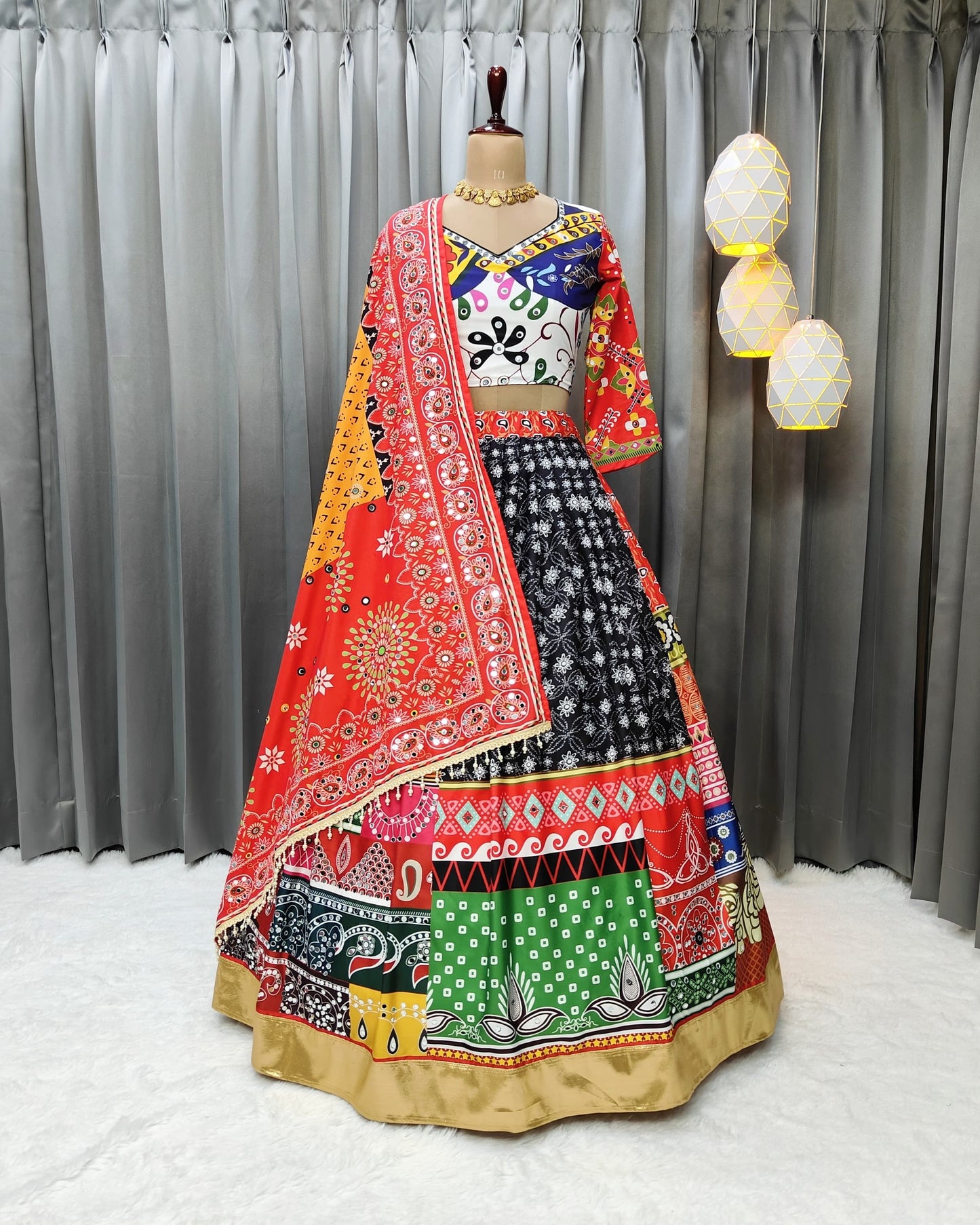 Festive Chic Butter Silk Lehenga Choli – Fully Stitched with Mirror Glam
