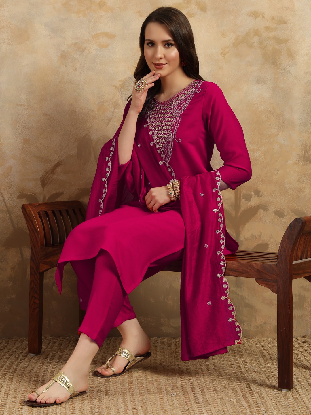 Traditional Embroidered Viscose Chanderi Kurti Pant Set with Nylon Chanderi Dupatta