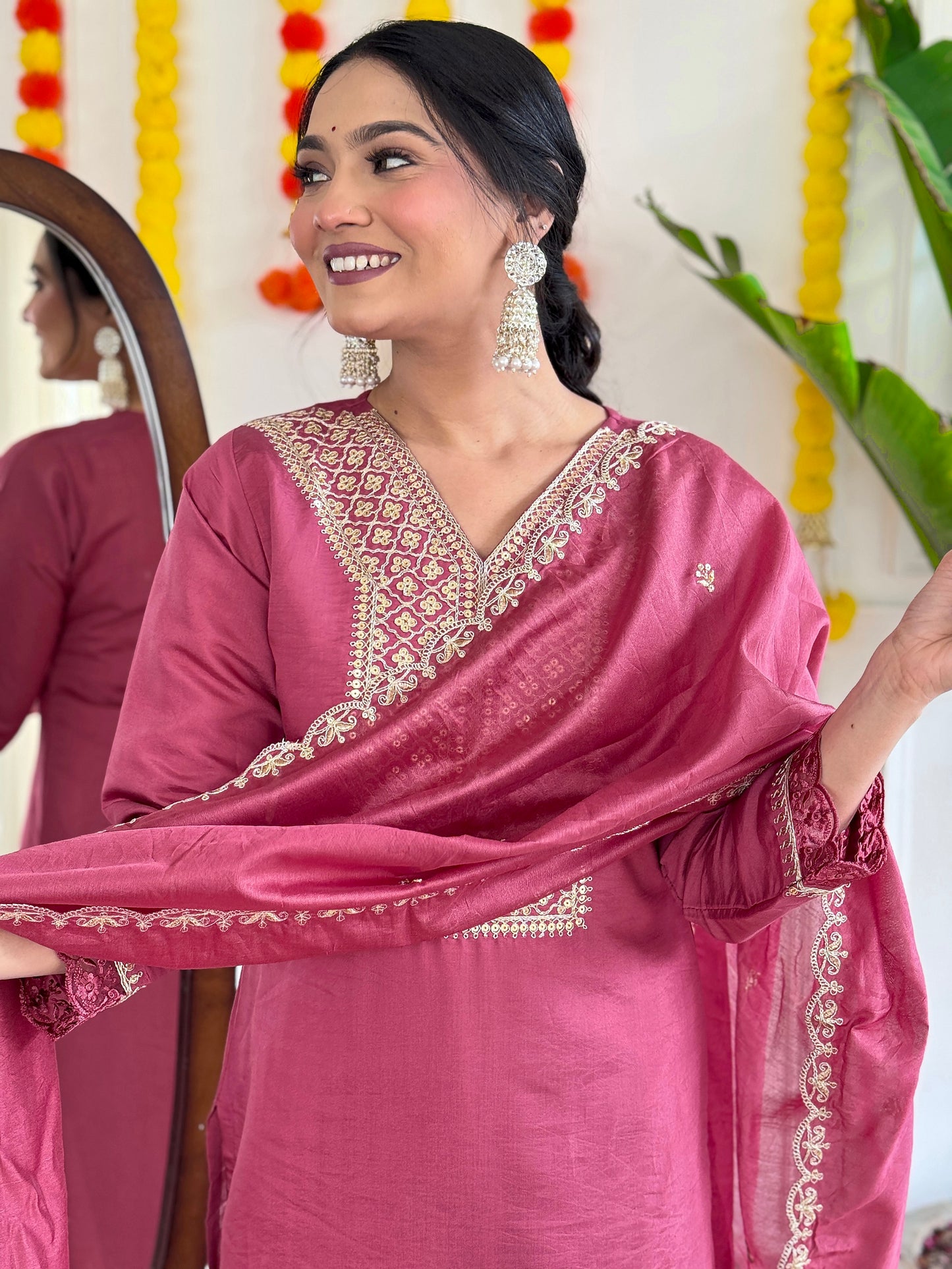 Women’s Viscose Chanderi Kurti Set with Embroidered Nylon Chanderi Dupatta & Pant – Full Sleeves, Designer V Neck