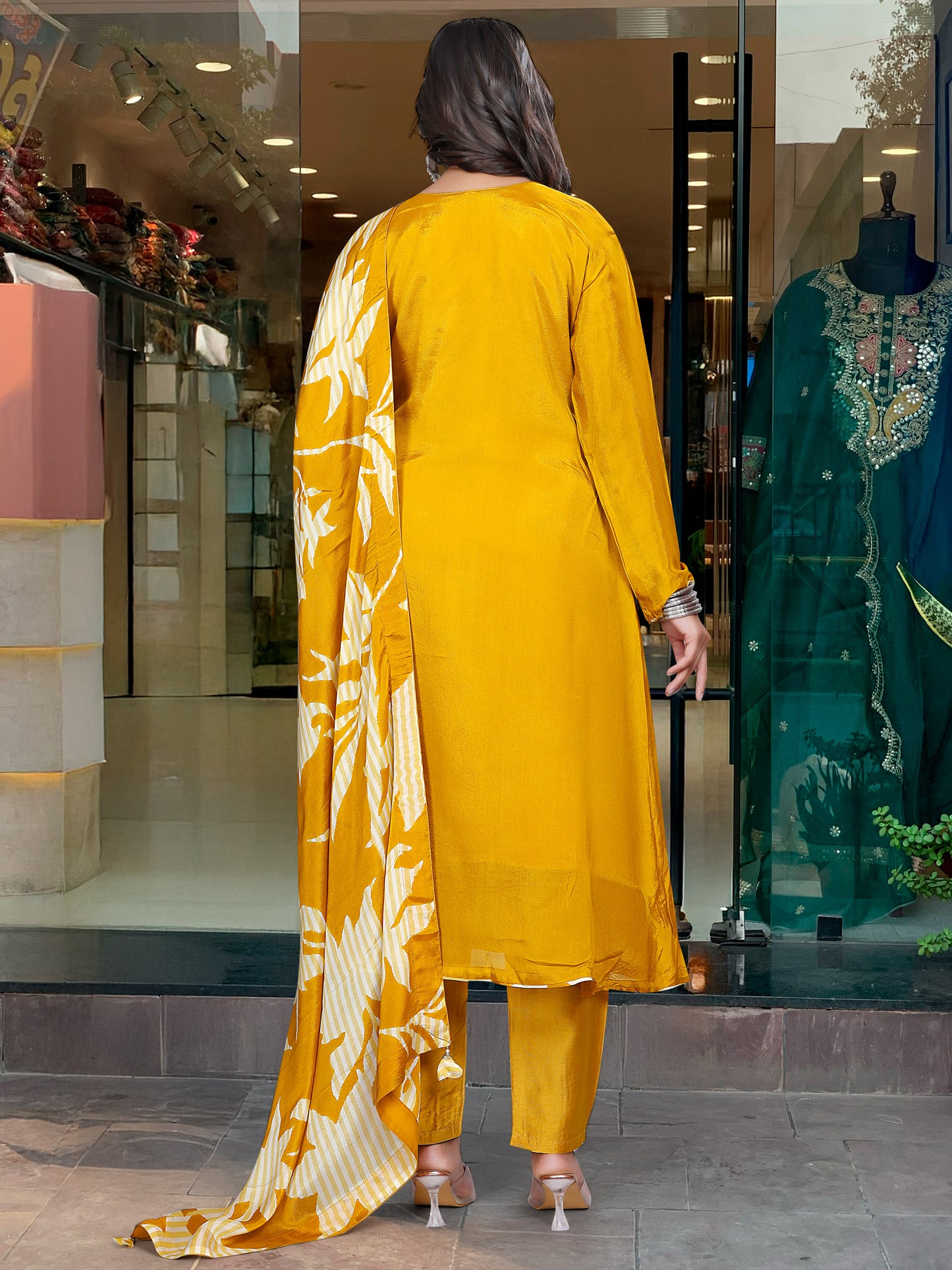 Elegant Chinnon Silk Embroidered Suit Set with Printed Dupatta – Festive Ready