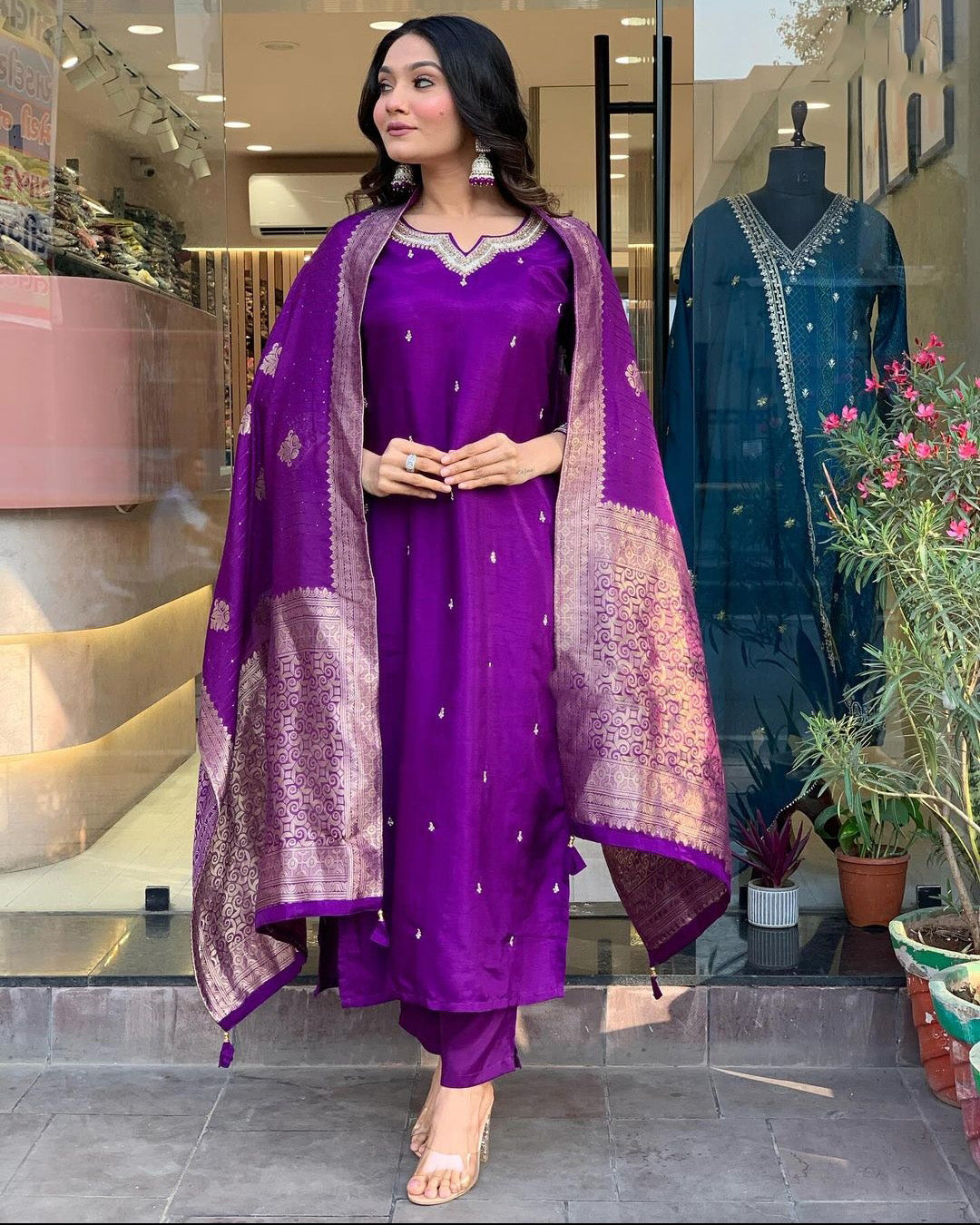 Designer Chanderi Kurti Set with Embroidery & Jacquard Dupatta