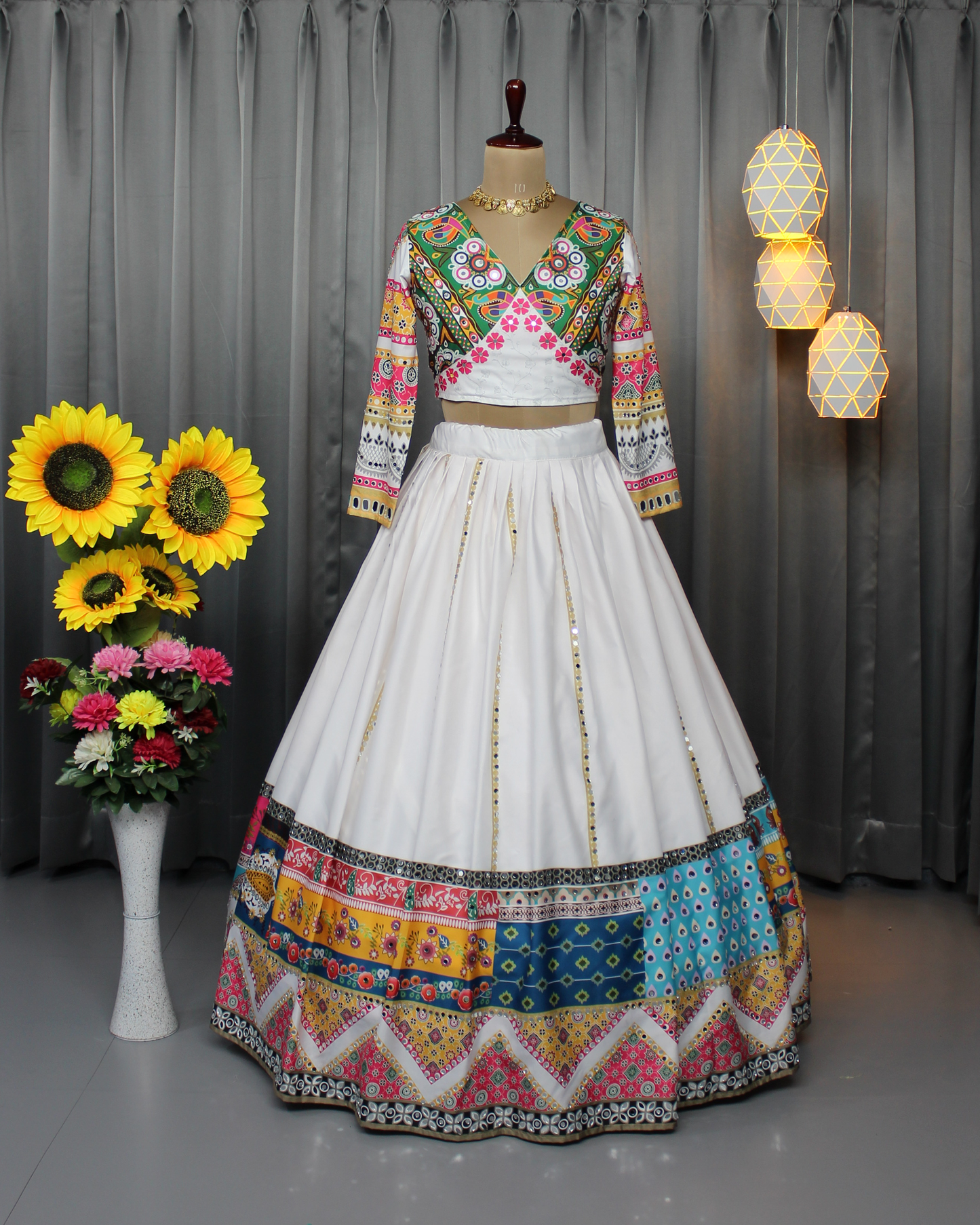 Butter Silk Navratri Lehenga Choli Set – Stitched with Real Mirror & Print Work | With Dupatta