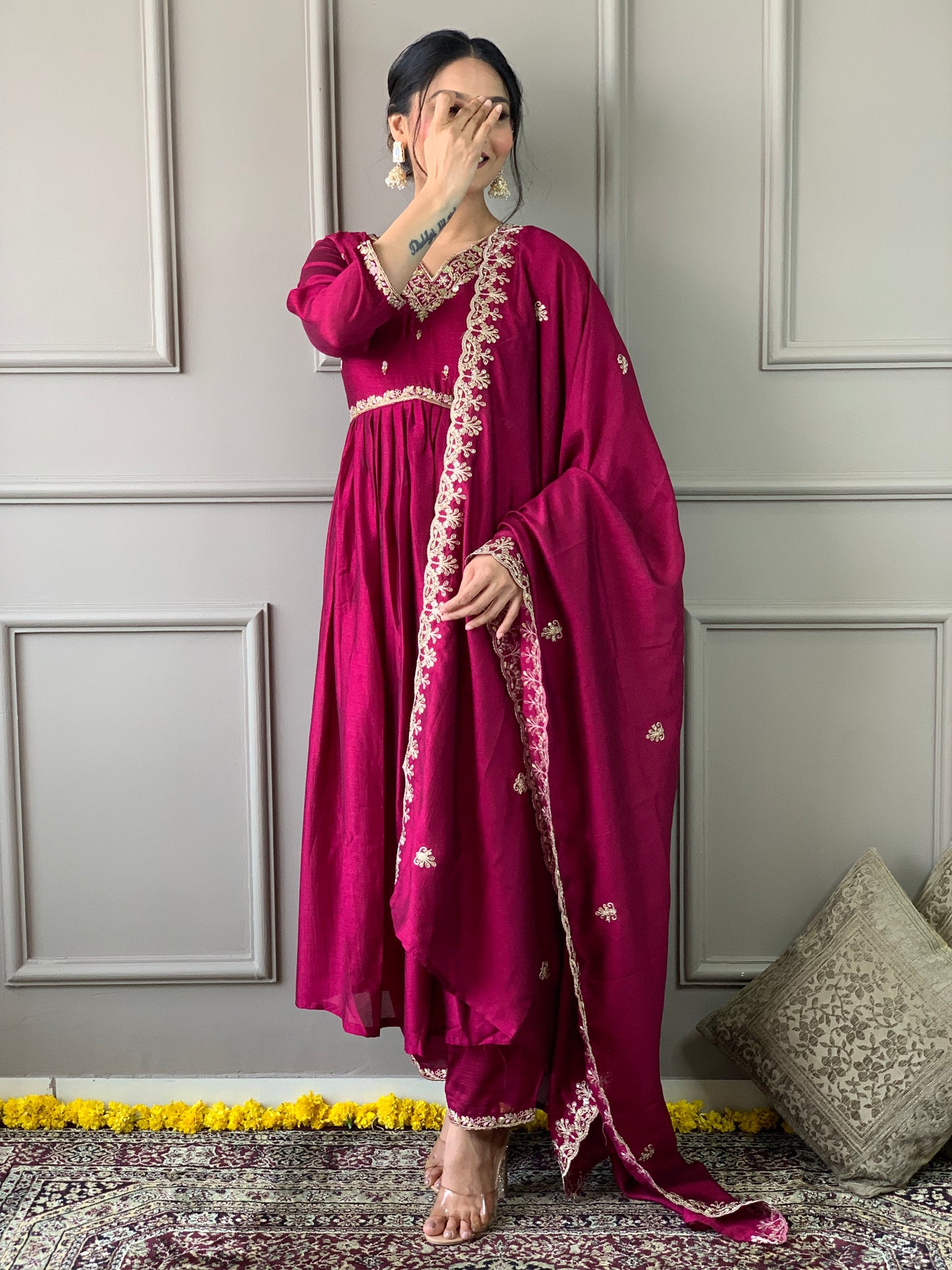 Elegant CP Vichitra Embroidered Suit Set with Matching Dupatta