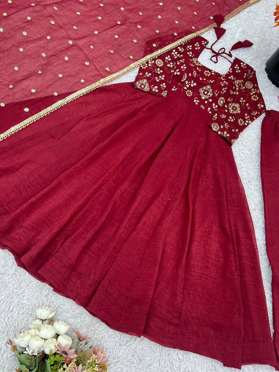 Premium Women’s Ethnic Wear Crunchy Silk Gown Set with Embroidered Dupatta & Matching Pant