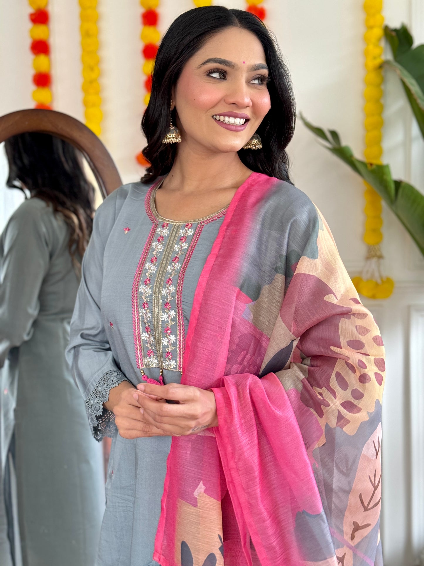 Festive Ready Embroidered Chanderi Suit with Lightweight Linen Dupatta