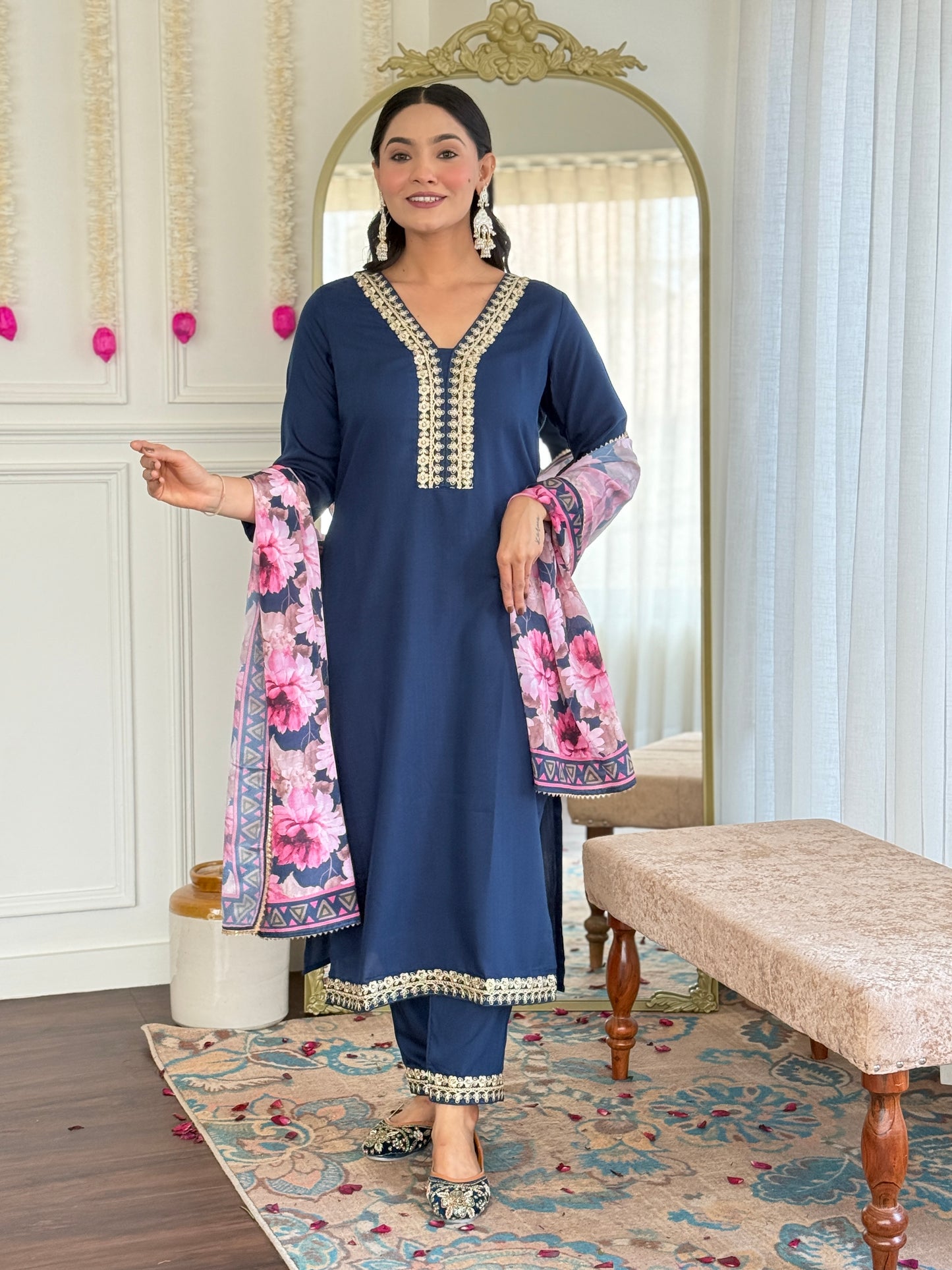 New Style Embroidered Viscose Slub Suit Set | Chinon Dupatta | 3-Piece Ready-to-Wear