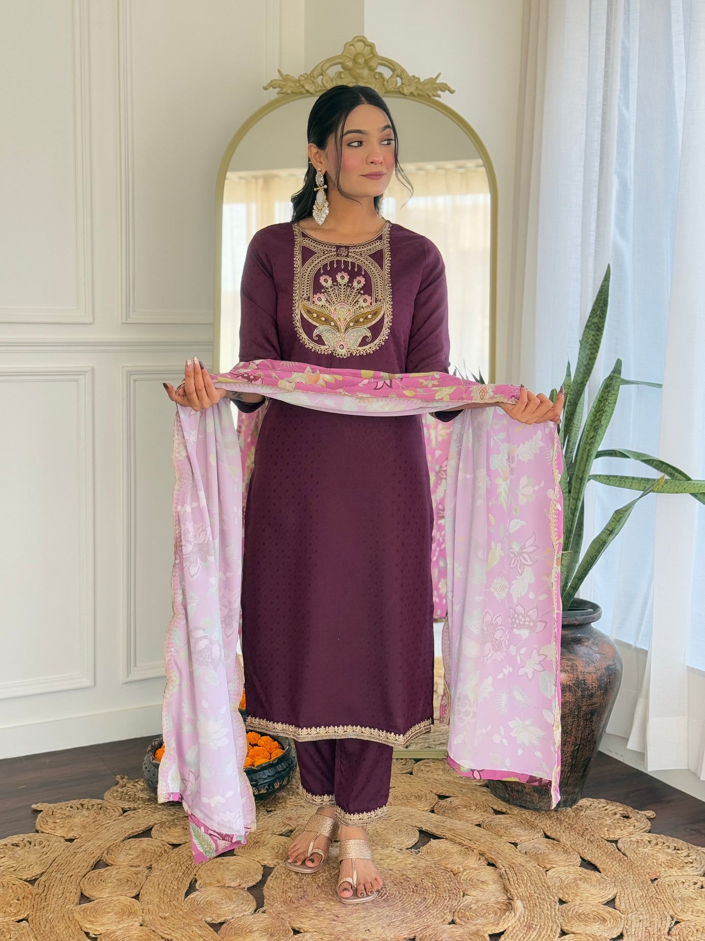Everyday Ethnic Wear: Embroidered Rayon Suit Set with Elegant Crepe Dupatta