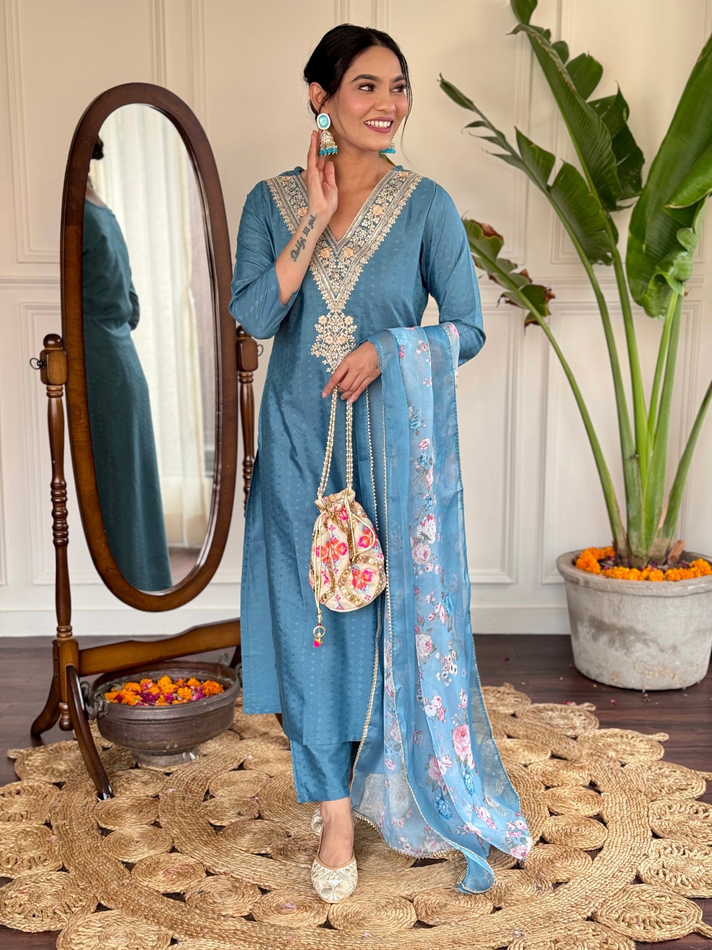 Festive Firozi Viscose Rayon Embroidered Kurti Pant Set with Teby Dupatta