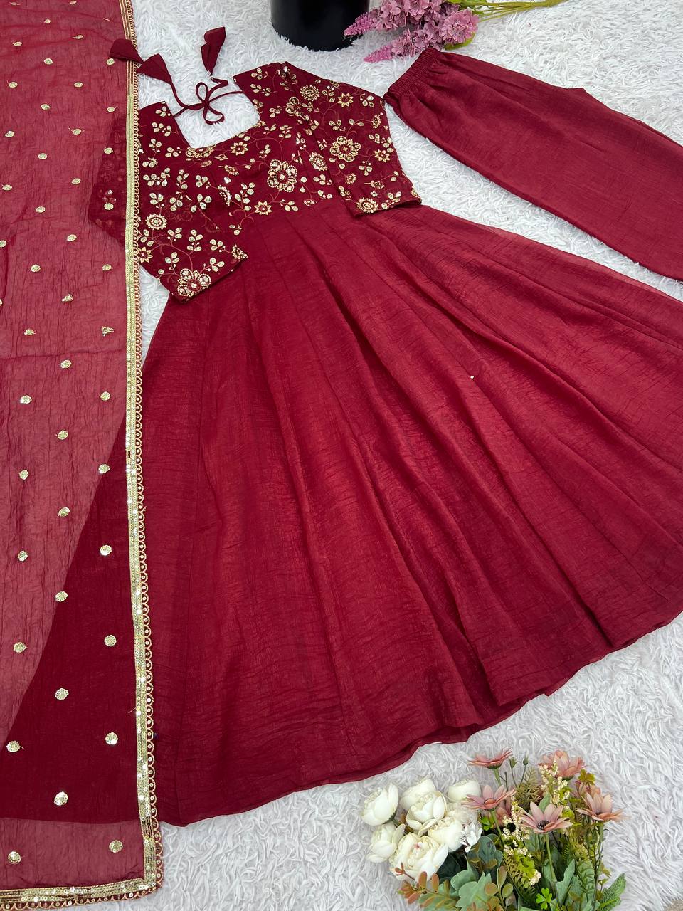 Premium Women’s Ethnic Wear Crunchy Silk Gown Set with Embroidered Dupatta & Matching Pant