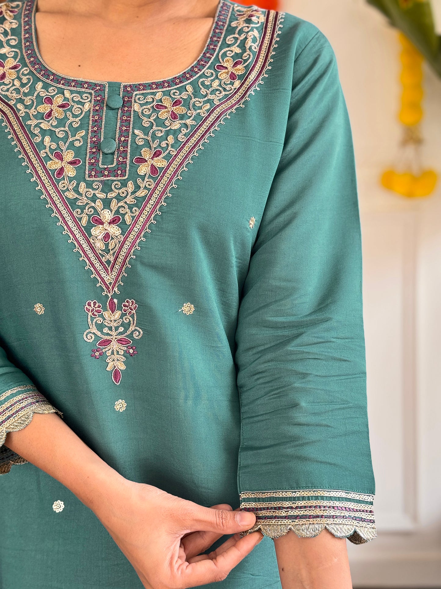 Designer Embroidered Chanderi Suit Set with Natural Linen Dupatta