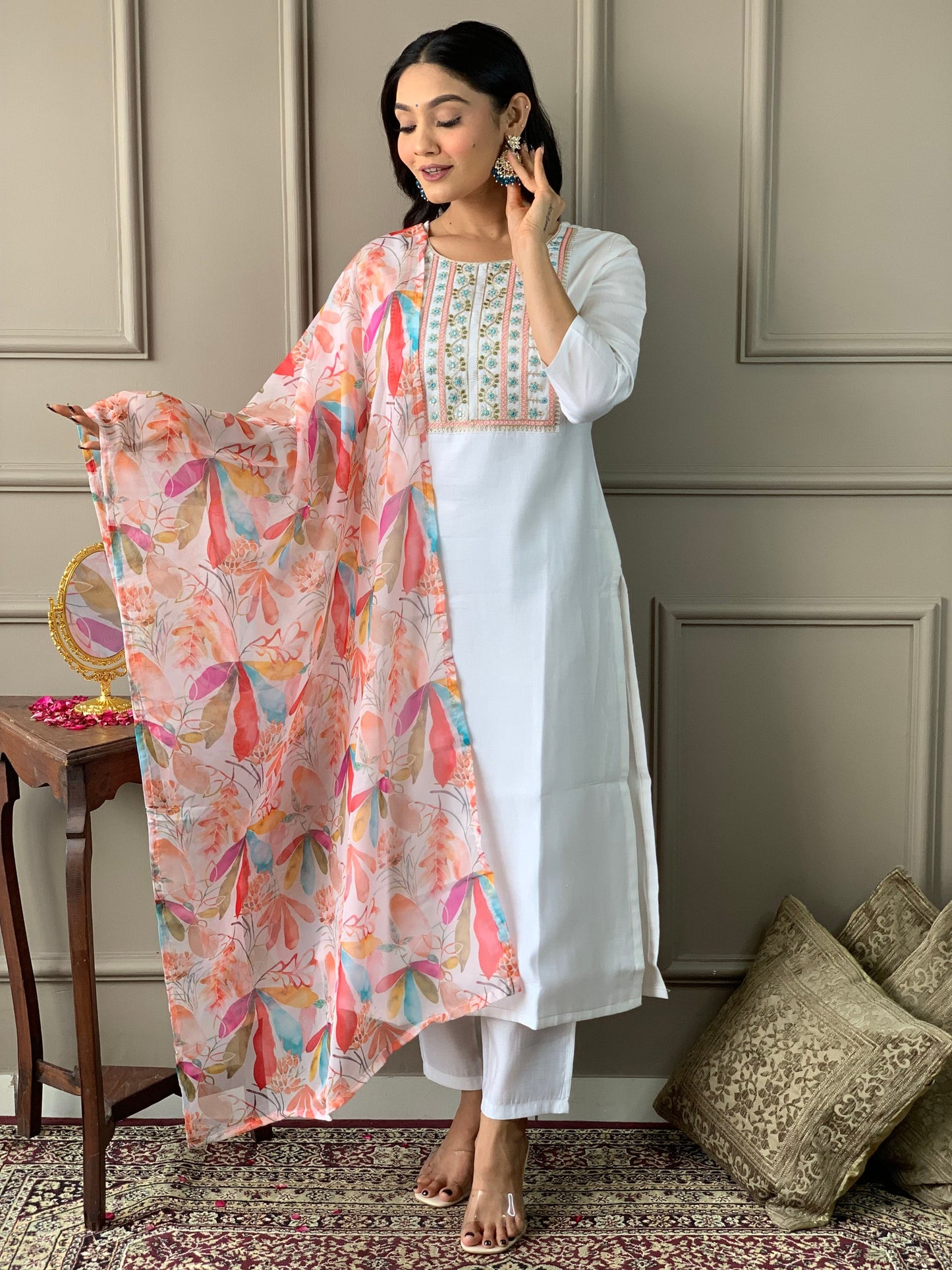 Minimalist White Embroidered Suit Set with Chanderi Fabric & Teby Dupatta