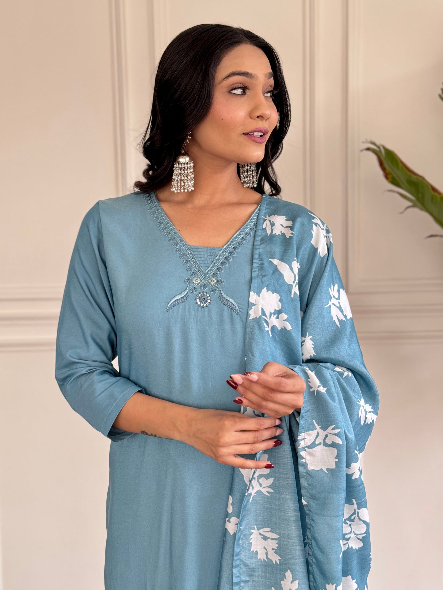 Designer Viscose Chanderi Embroidered Suit with Silk Dupatta