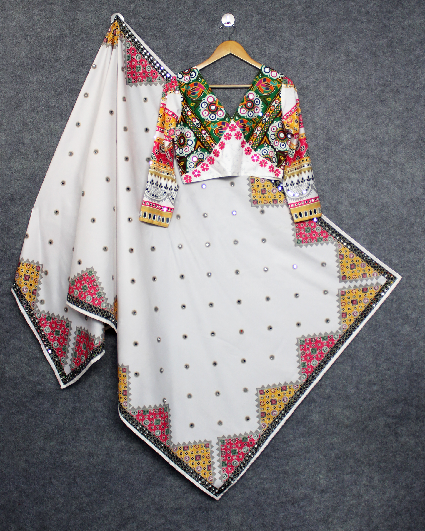Butter Silk Navratri Lehenga Choli Set – Stitched with Real Mirror & Print Work | With Dupatta