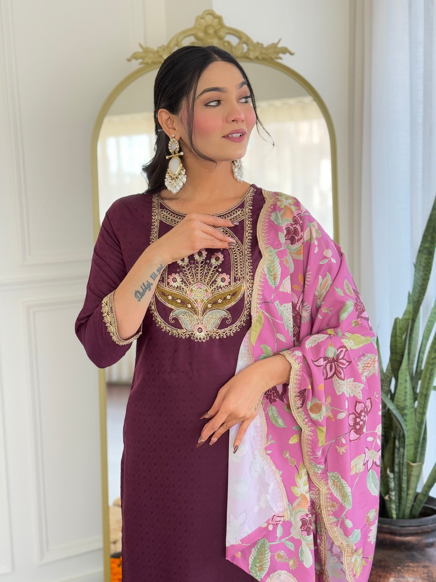 Everyday Ethnic Wear: Embroidered Rayon Suit Set with Elegant Crepe Dupatta