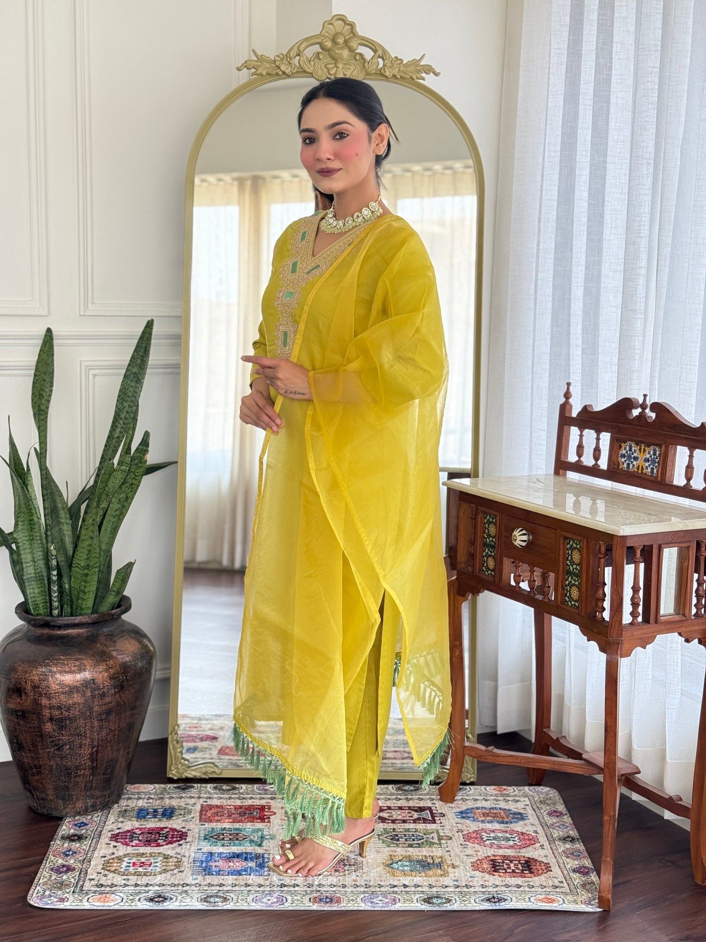 Latest Style Embroidered Viscose Rayon Suit Set with Organza Dupatta