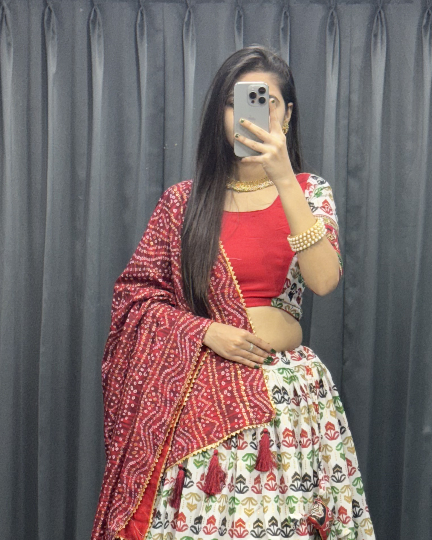 Women’s Cotton Lehenga Choli Set – Foil Print, Bandhani Dupatta, Adjustable Fit