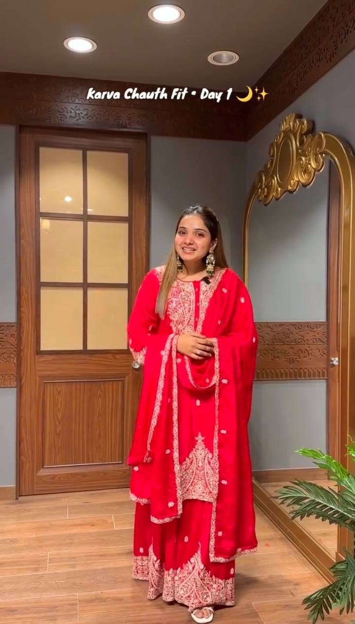 Designer Faux Georgette Sharara Set with Embroidered Dupatta | Fully Stitched Premium Ethnic Wear