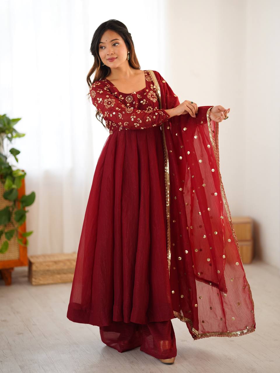 Premium Women’s Ethnic Wear Crunchy Silk Gown Set with Embroidered Dupatta & Matching Pant