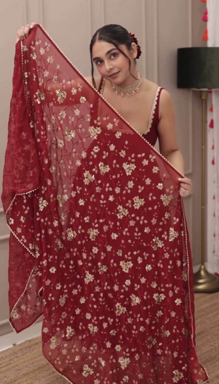Party Wear Fully Stitched Outfit for Designer Heavy Faux Georgette Gown Set with Embroidered Dupatta & Bottom