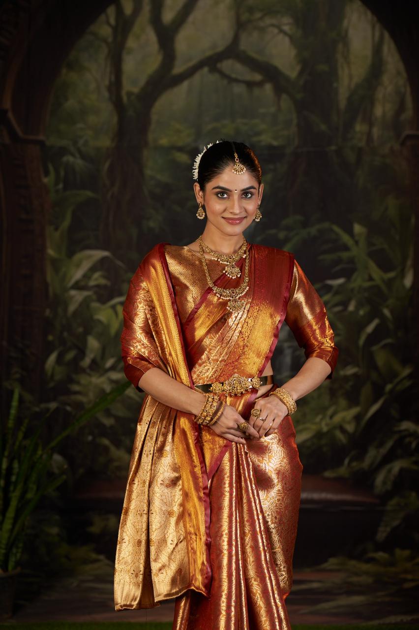 Latest Kanchipuram Silk Saree for Women | Elegant Zari Woven Border and Pallu with Matching Blouse | Ideal for Wedding, Reception & Festive Events