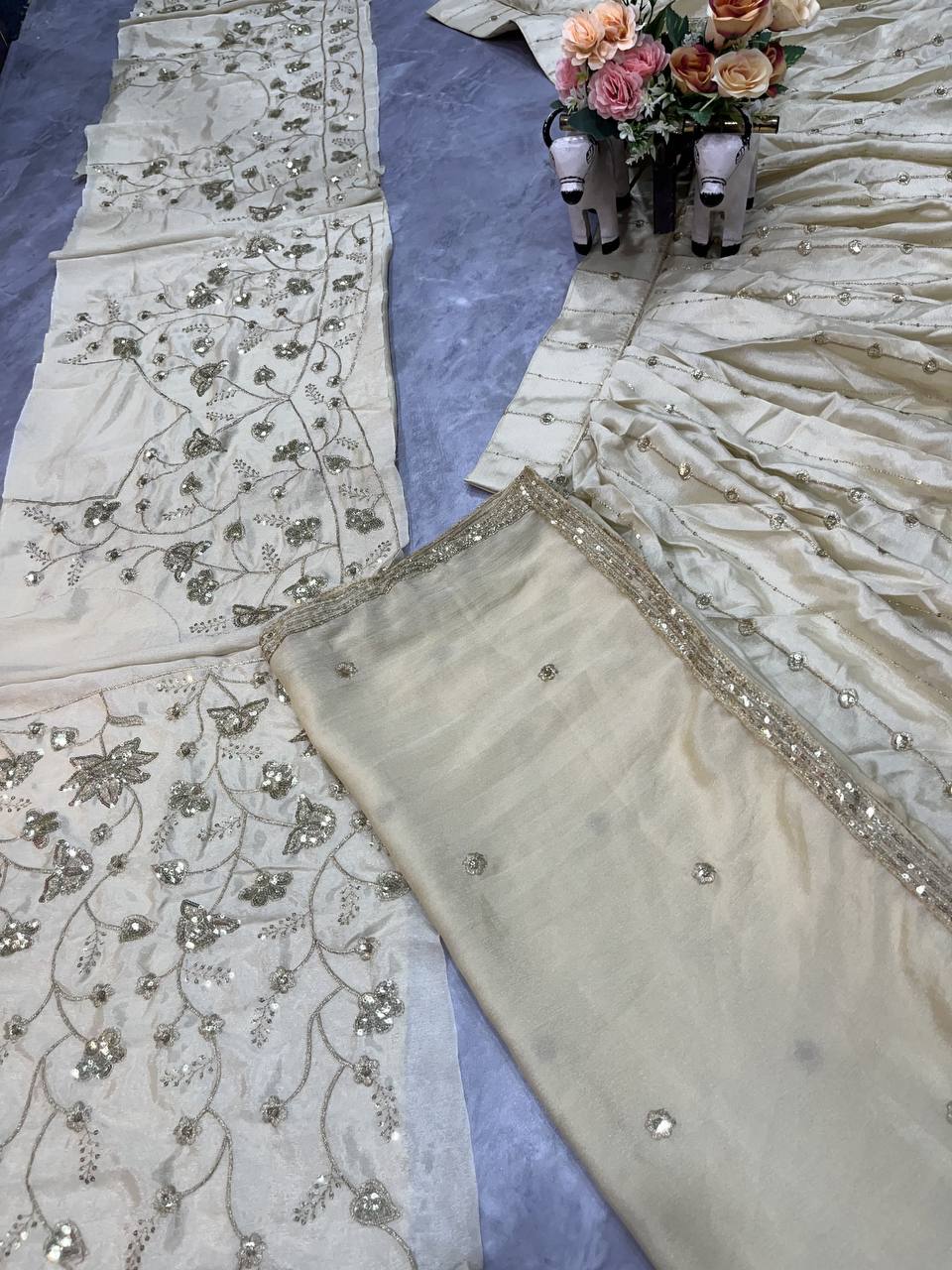Latest New White Chinon Silk Embroidery Sequins Lehenga Choli For Women