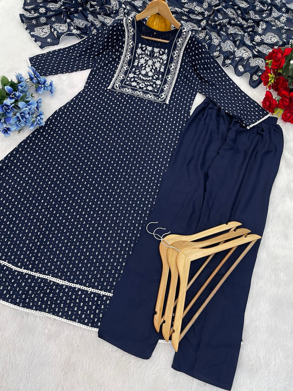 Elegant 14kg Heavy Reyon Suit Set with Embroidery & Foil Work Dupatta