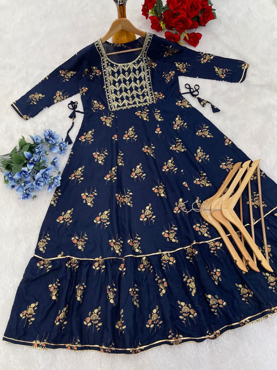 Super Hit 14kg Reyon Gown with Embroidery & Foil Print | Festive Wear