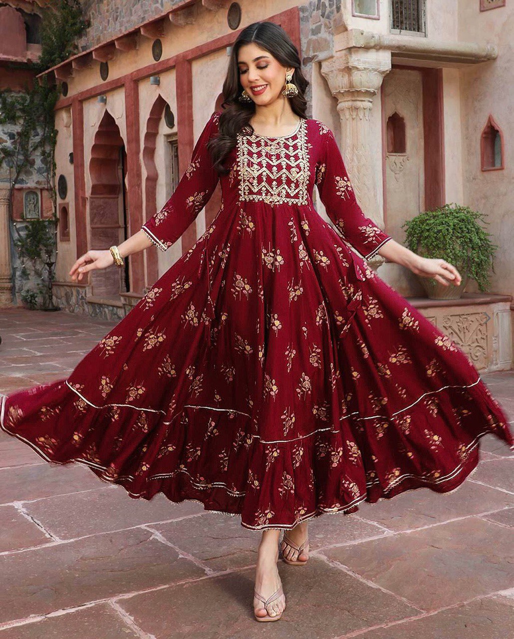 Super Hit 14kg Reyon Gown with Embroidery & Foil Print | Festive Wear