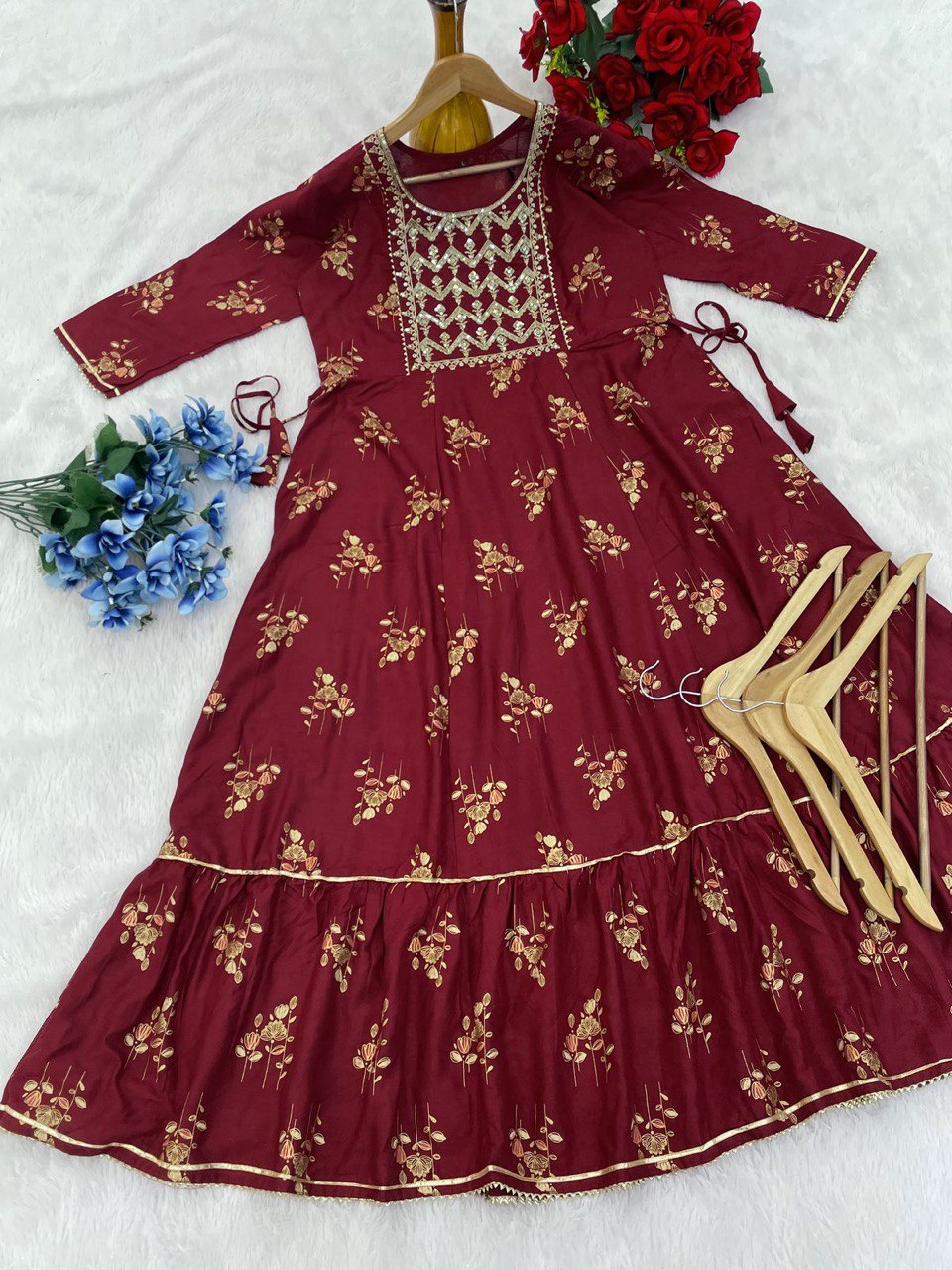 Super Hit 14kg Reyon Gown with Embroidery & Foil Print | Festive Wear