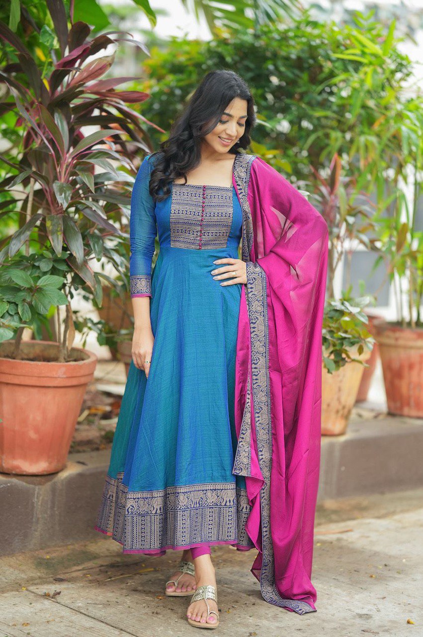 New Launch – Vichitra Silk Gown with Jacquard Zari Weaving | Elegant Ready-to-Wear Outfit