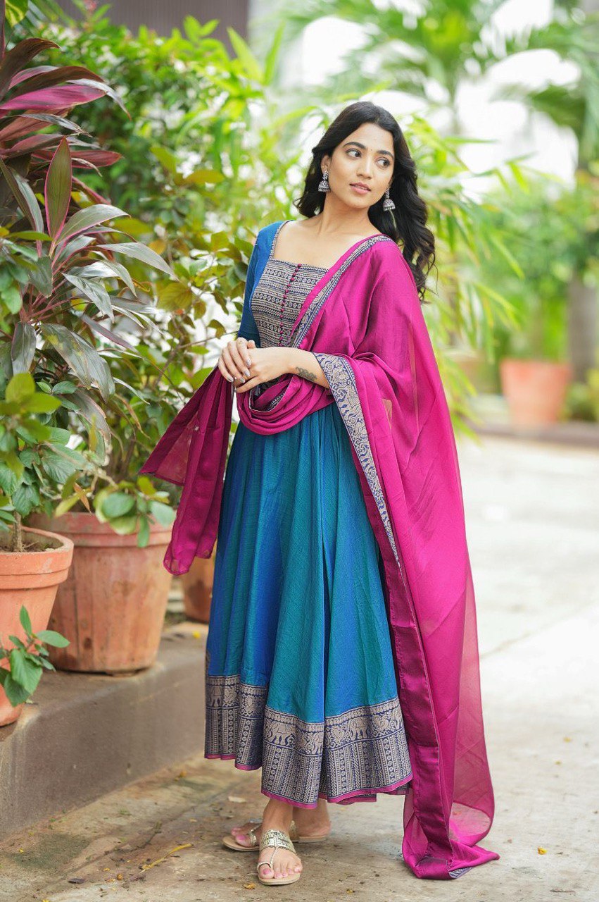New Launch – Vichitra Silk Gown with Jacquard Zari Weaving | Elegant Ready-to-Wear Outfit