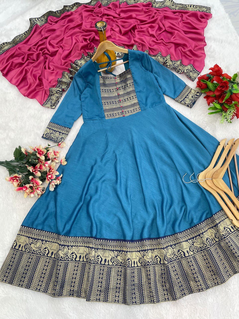 New Launch – Vichitra Silk Gown with Jacquard Zari Weaving | Elegant Ready-to-Wear Outfit