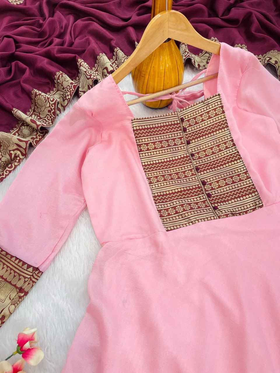 New Launch – Vichitra Silk Gown with Jacquard Zari Weaving | Elegant Ready-to-Wear Outfit