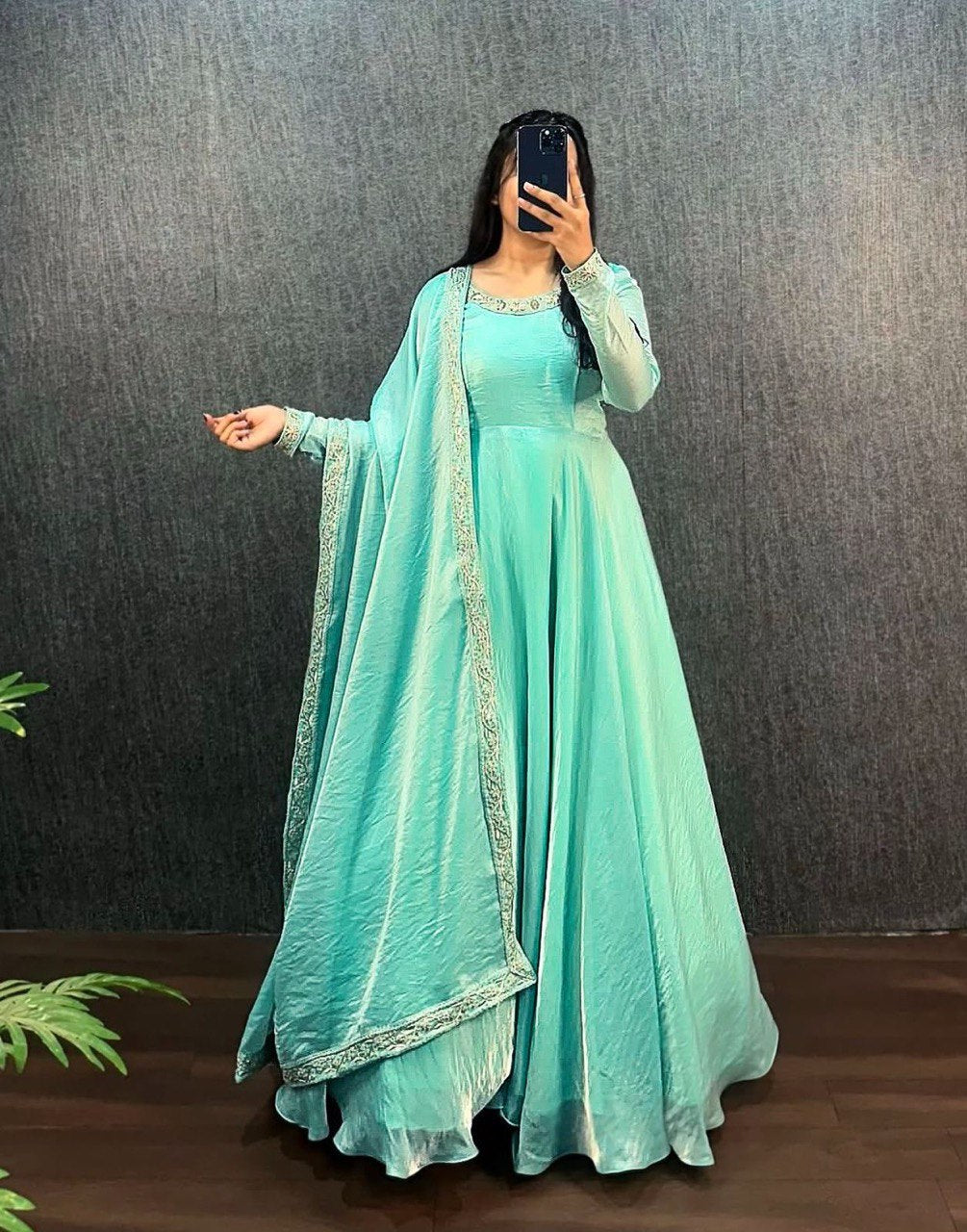 New Launch – Elegant Fendy Silk Embroidered Gown with Matching Dupatta | Ready to Wear