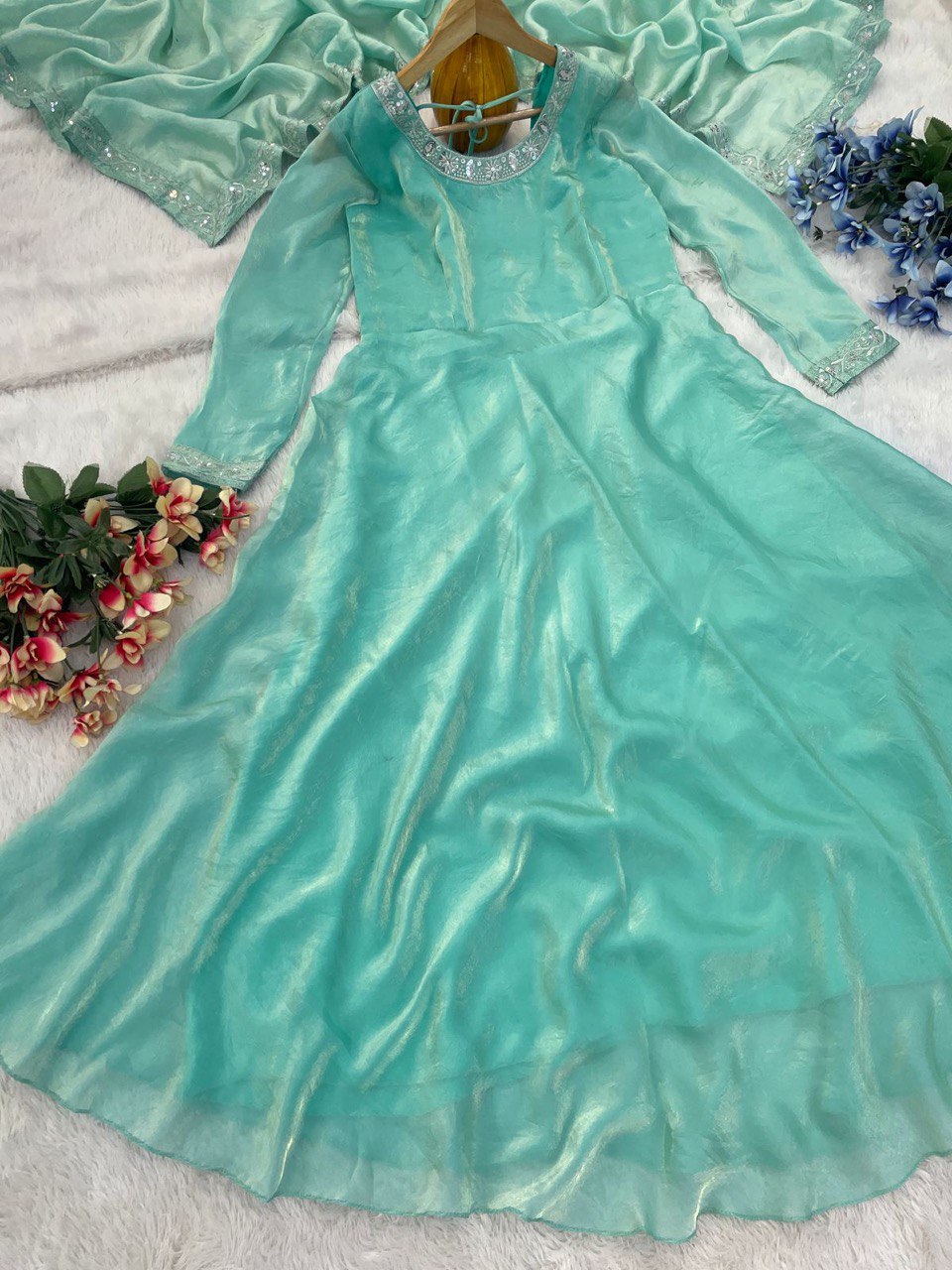 New Launch – Elegant Fendy Silk Embroidered Gown with Matching Dupatta | Ready to Wear