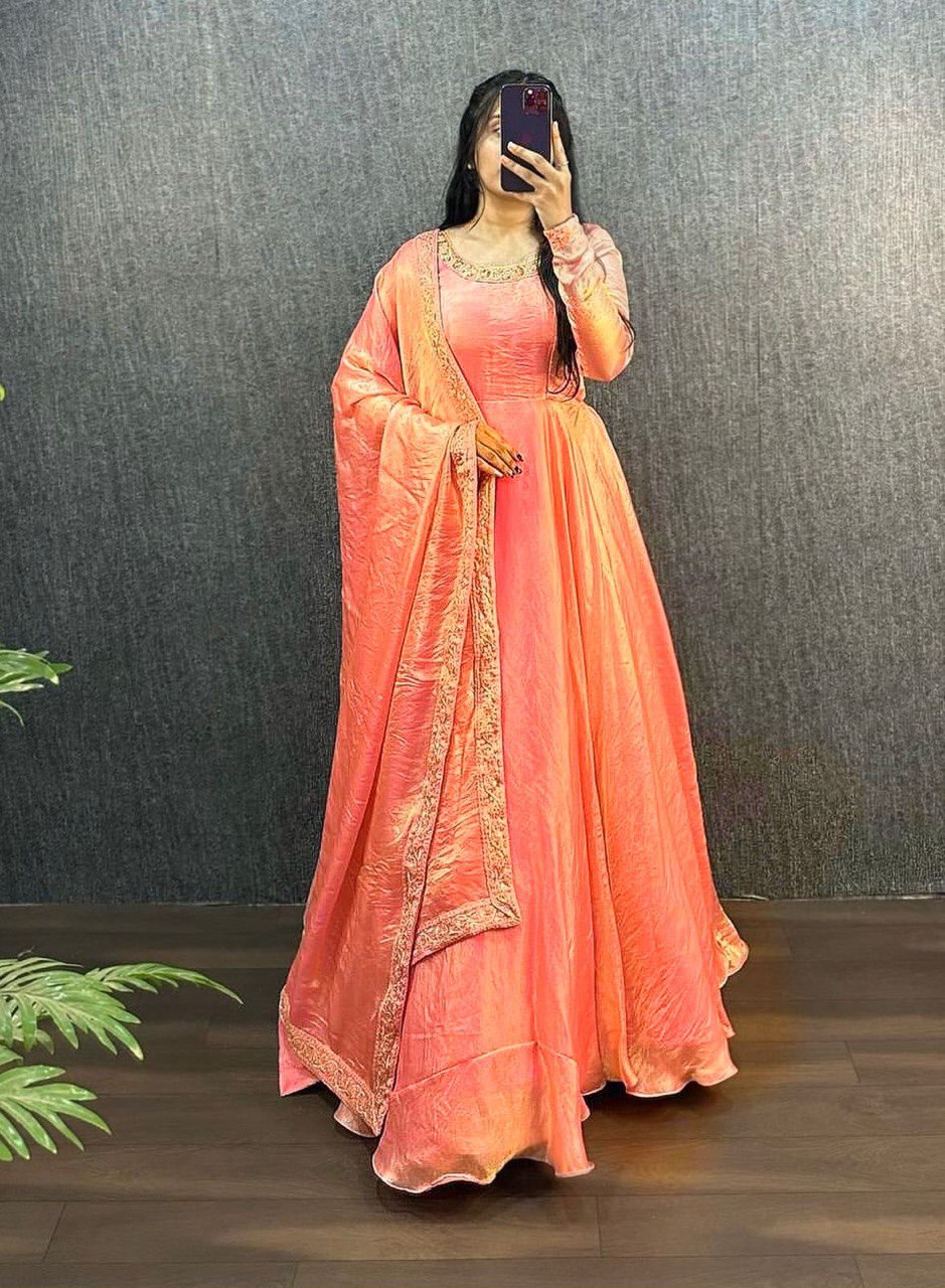 New Launch – Elegant Fendy Silk Embroidered Gown with Matching Dupatta | Ready to Wear